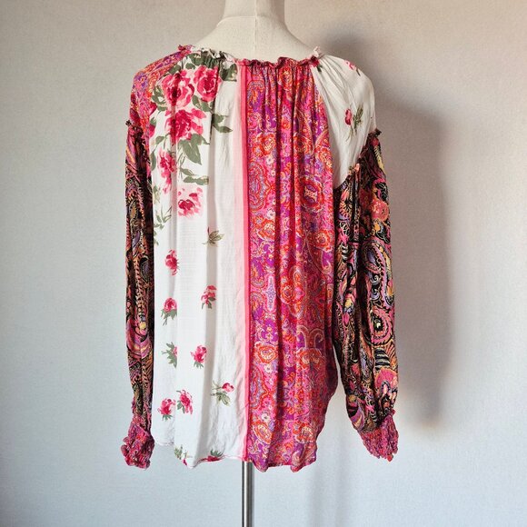 Free People Gemini Floral Paisley Mixed Patchwork Boho Blouse Button Oversize - Picture 8 of 15